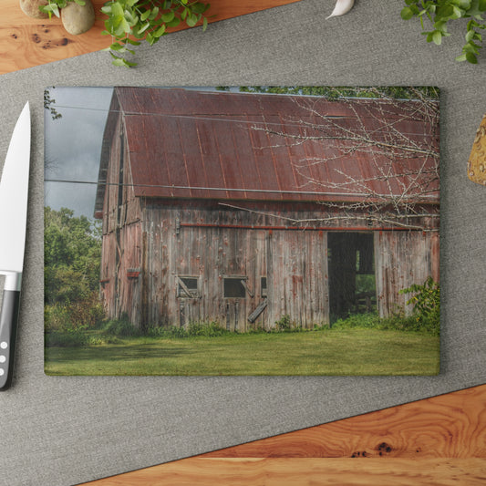 U R There Photography Columbiaville Roadside Grey and Rusted Rustic Farmhouse Tempered-Glass Cutting Board