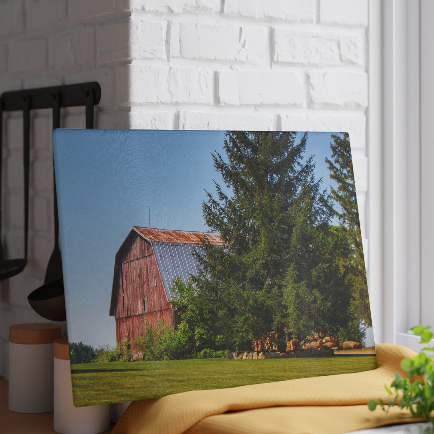 U R There Photography Mushroom Road Hidden Red Rustic Farmhouse Tempered-Glass Cutting Board