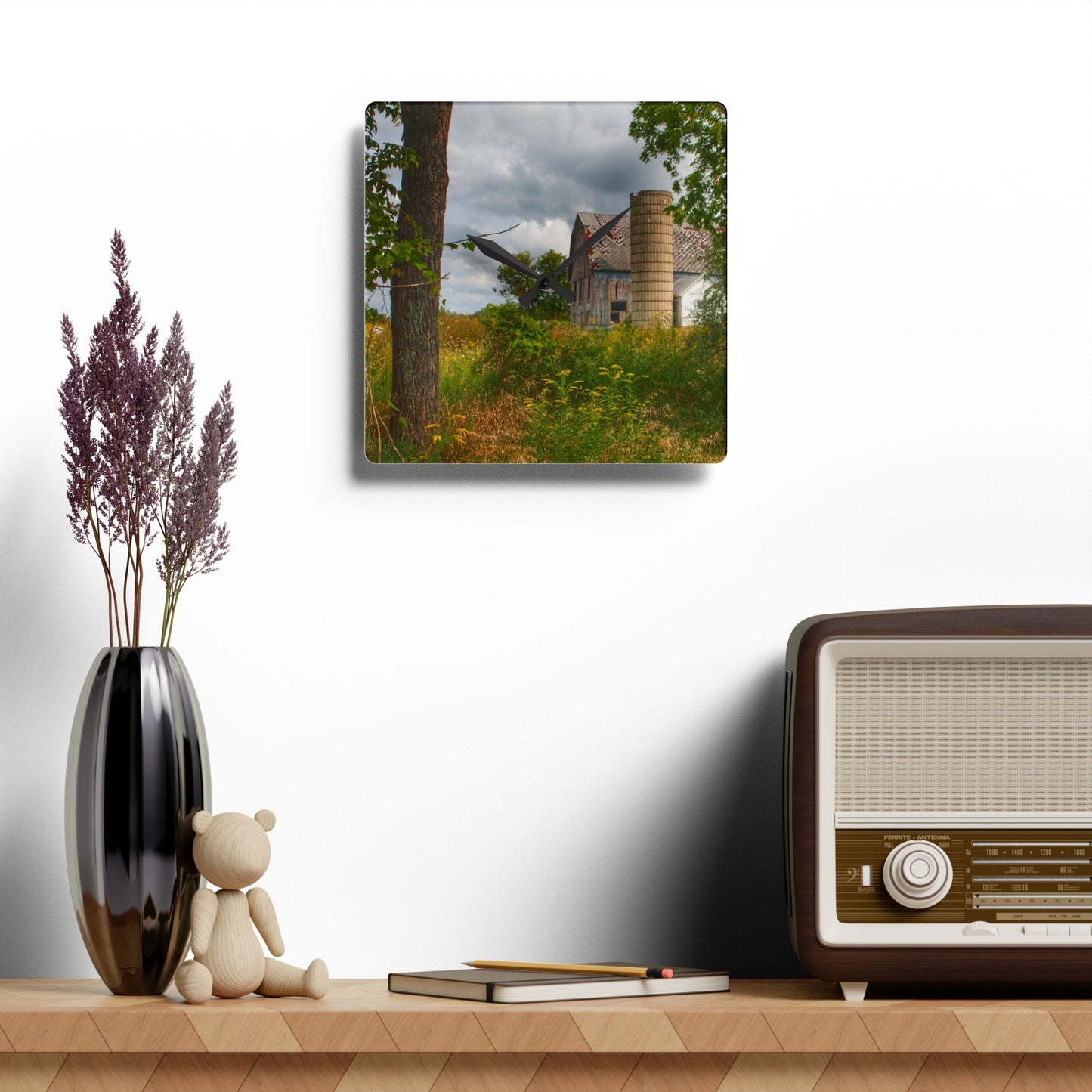U R There Photography Hill Road Roadside Grey III Rustic Farmhouse Acrylic Analog Wall Clock