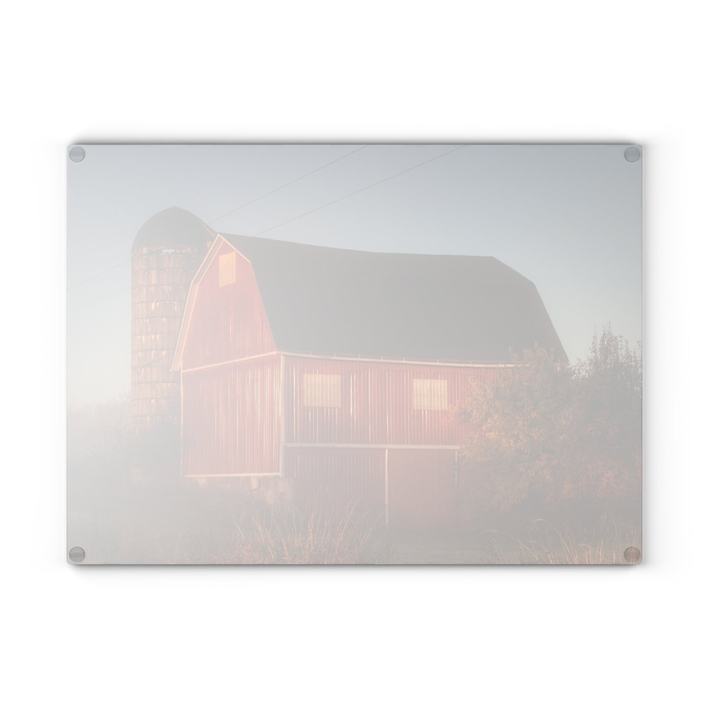 U R There Photography Klam Road Red Meets Foggy Sunrise II Rustic Farmhouse Tempered-Glass Cutting Board