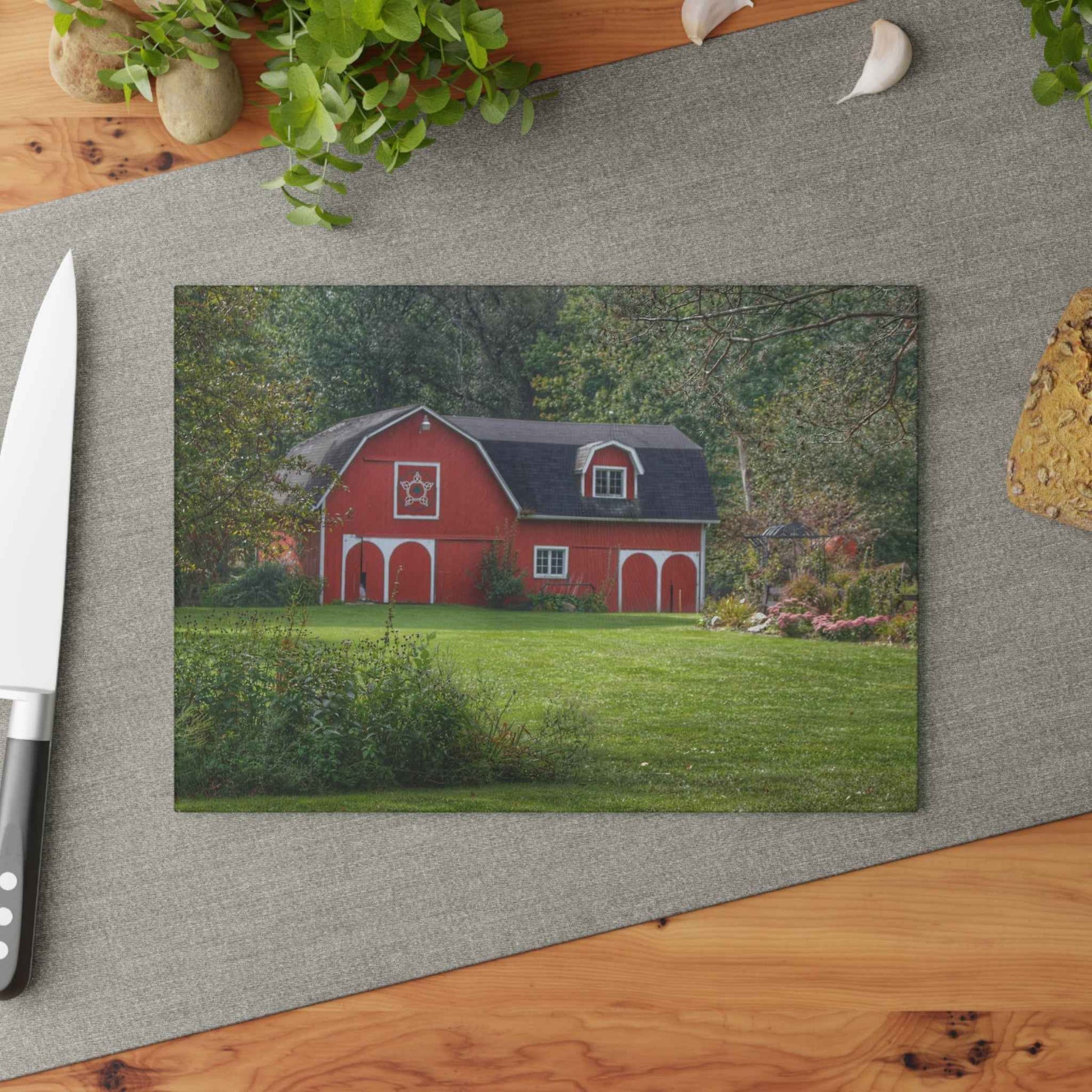 U R There Photography Charming Red Rustic Farmhouse Tempered-Glass Cutting Board
