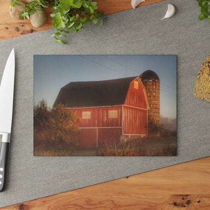 U R There Photography Klam Road Red Meets Foggy Sunrise II Rustic Farmhouse Tempered-Glass Cutting Board
