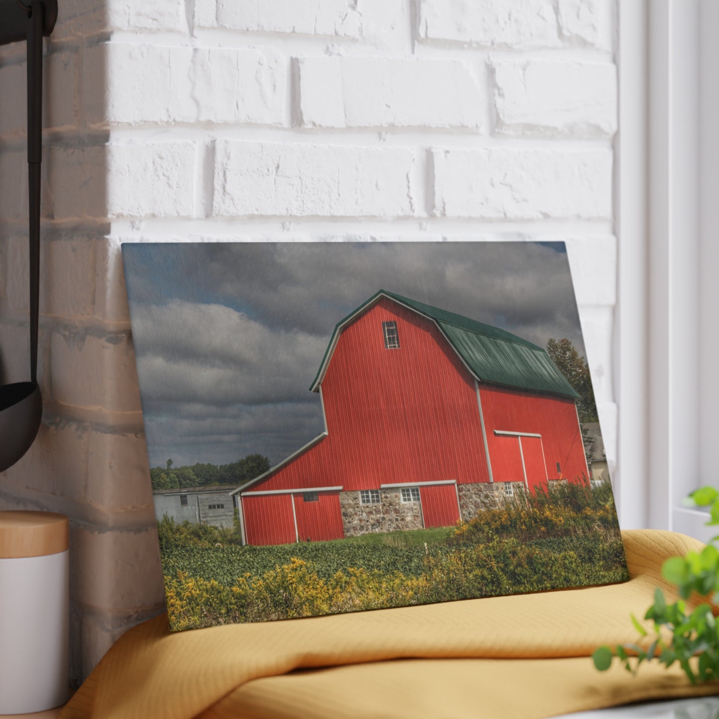 U R There Photography Valentine Road Fieldstone Red Rustic Farmhouse Tempered-Glass Cutting Board