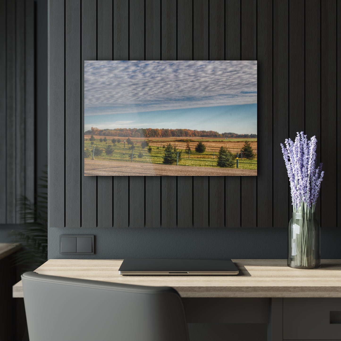 U R There Photography Fences, Firs and Fall Rustic Farmhouse Acrylic Wall Print