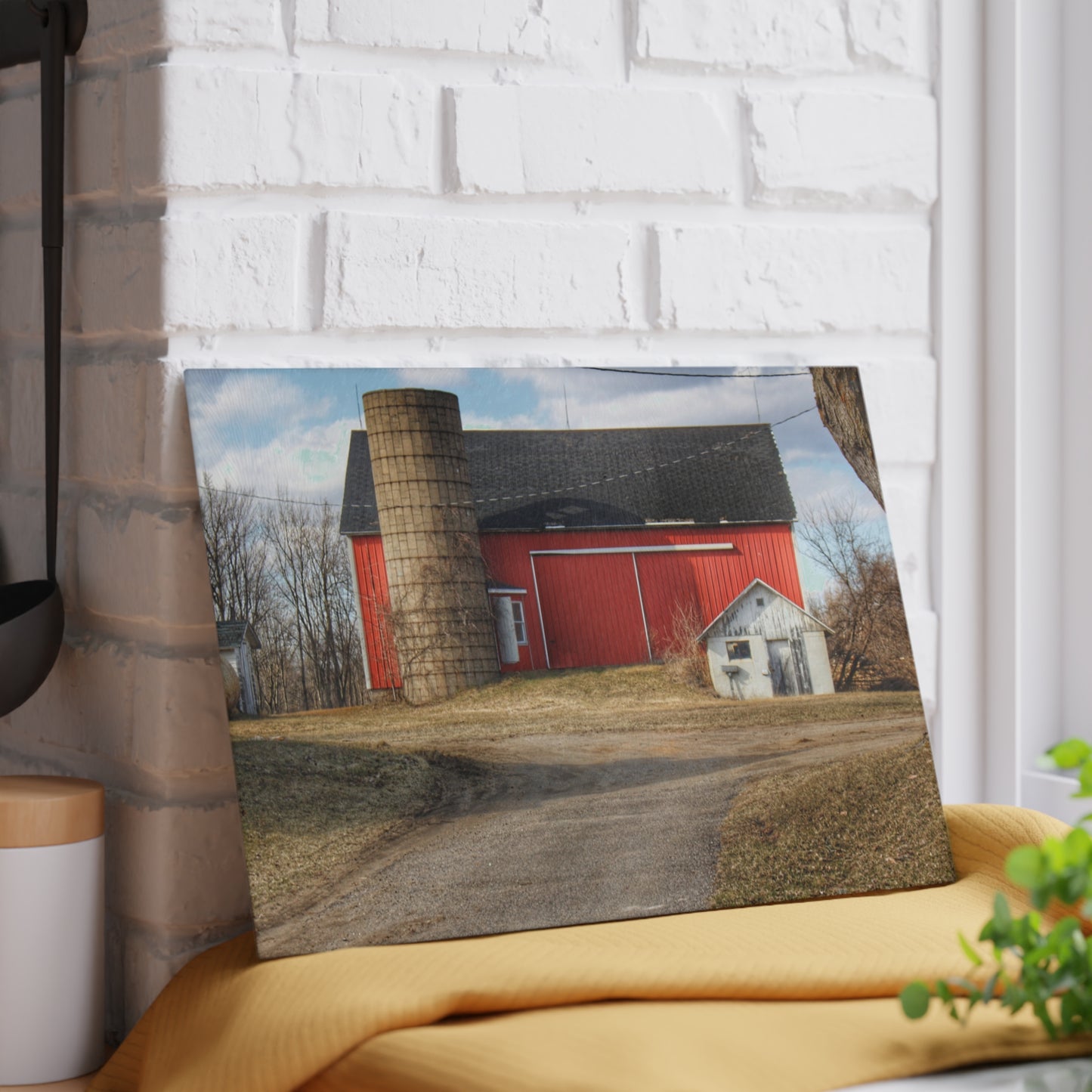 U R There Photography Mayville Road Red and Silo Rustic Farmhouse Tempered-Glass Cutting Board
