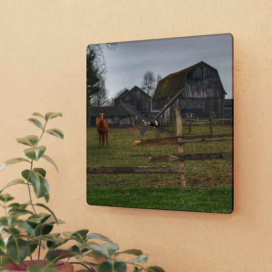 U R There Photography South Summers Road Old Grey and Caramel II Rustic Farmhouse Acrylic Analog Wall Clock