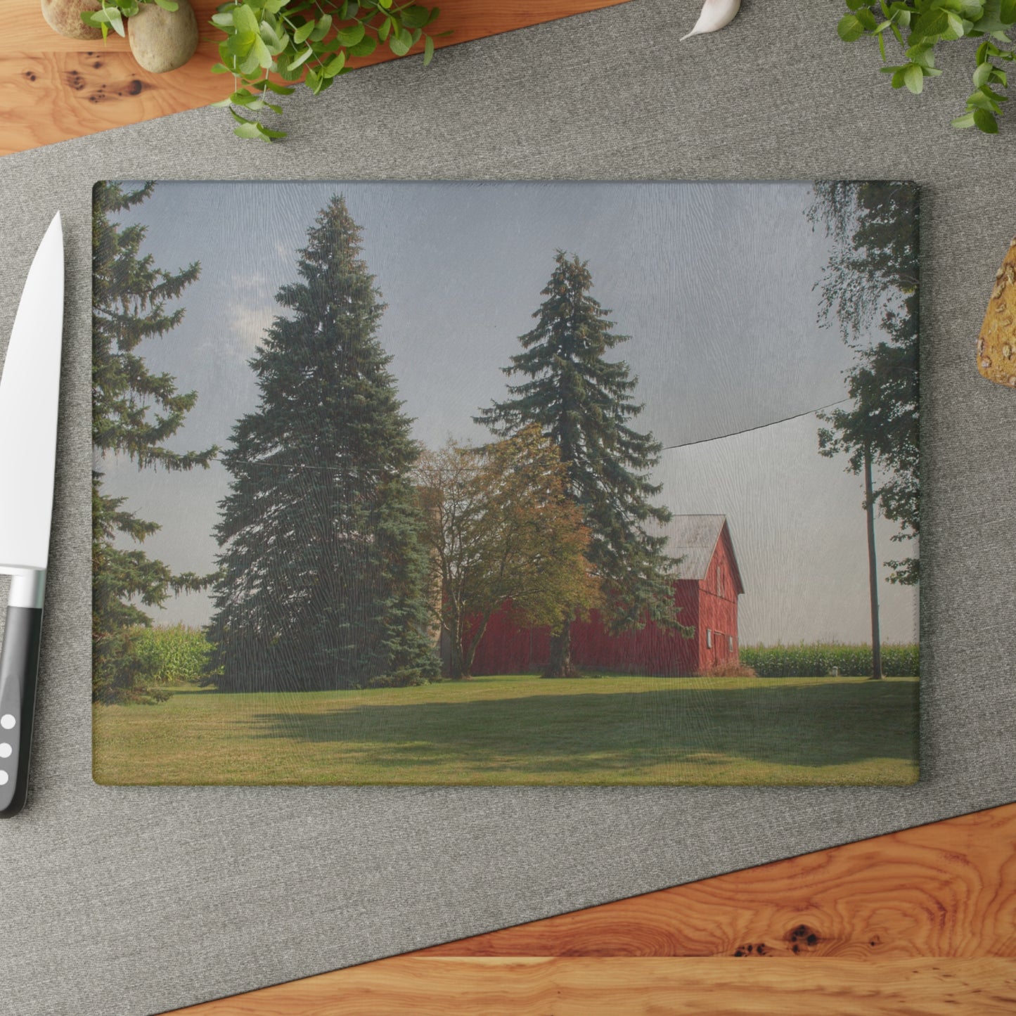 Barn Boutique Rustic Tempered-Glass Cutting Board| Small Red Barn Beneath the Pines