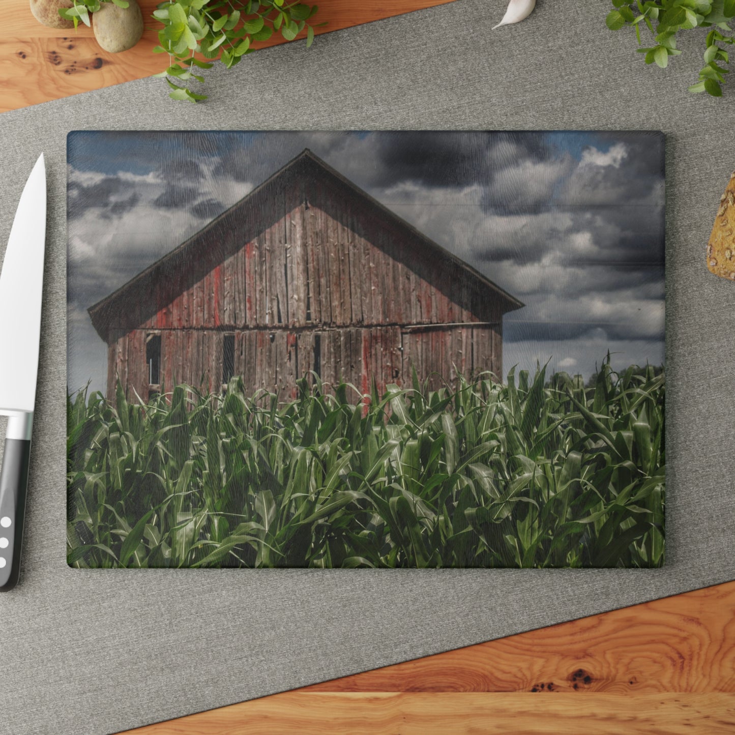 Barn Boutique Rustic Tempered-Glass Cutting Board| Above the July Corn