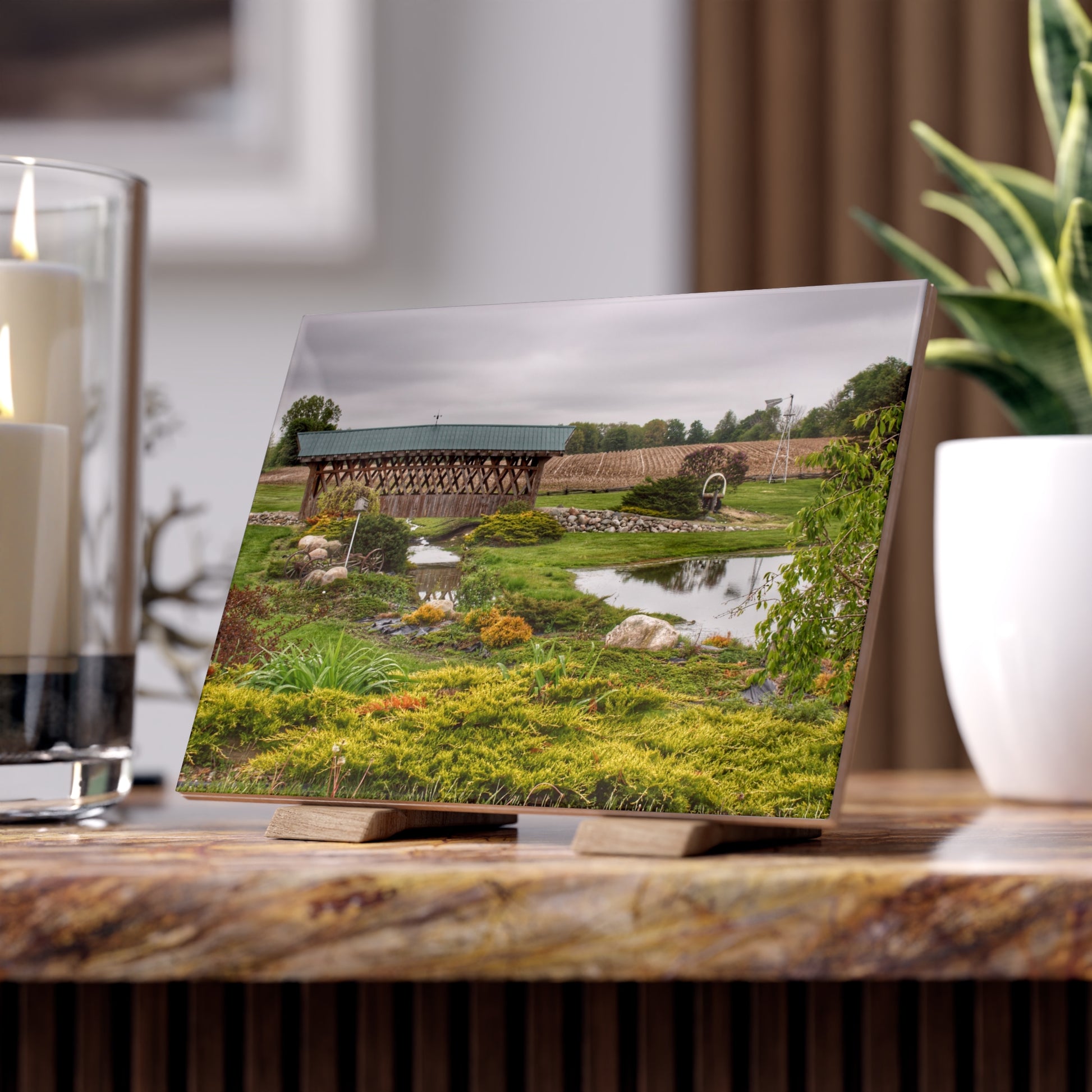 U R There Photography Bridge of Summers Road II Rustic Farmhouse Decorative Ceramic Tile 6" × 8" Glossy