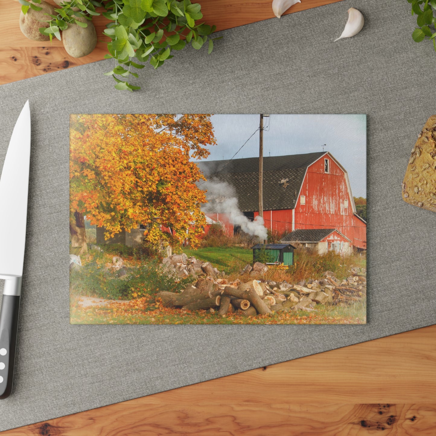 U R There Photography Greenwood Road Red in the Fall Rustic Farmhouse Tempered-Glass Cutting Board