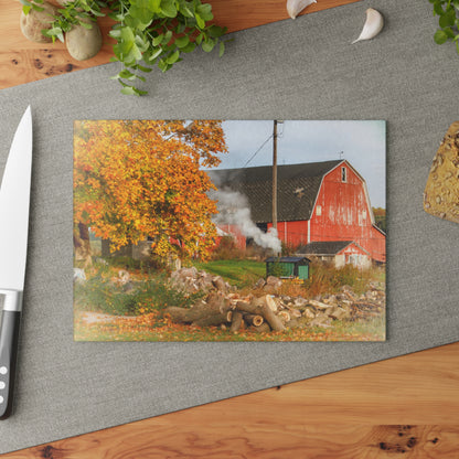 U R There Photography Greenwood Road Red in the Fall Rustic Farmhouse Tempered-Glass Cutting Board