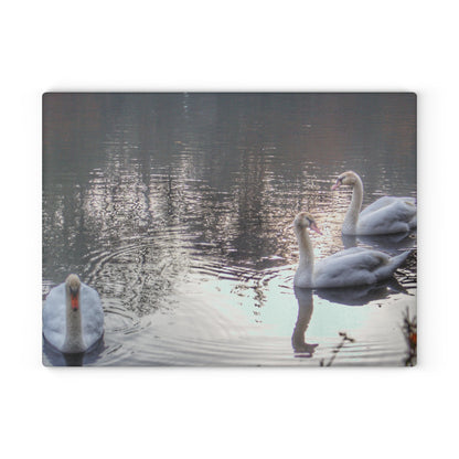 U R There Photography Swans of Duck Lake II Rustic Farmhouse Tempered-Glass Cutting Board