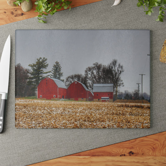 U R There Photography Shoemaker Road Winter Reds II Rustic Farmhouse Tempered-Glass Cutting Board