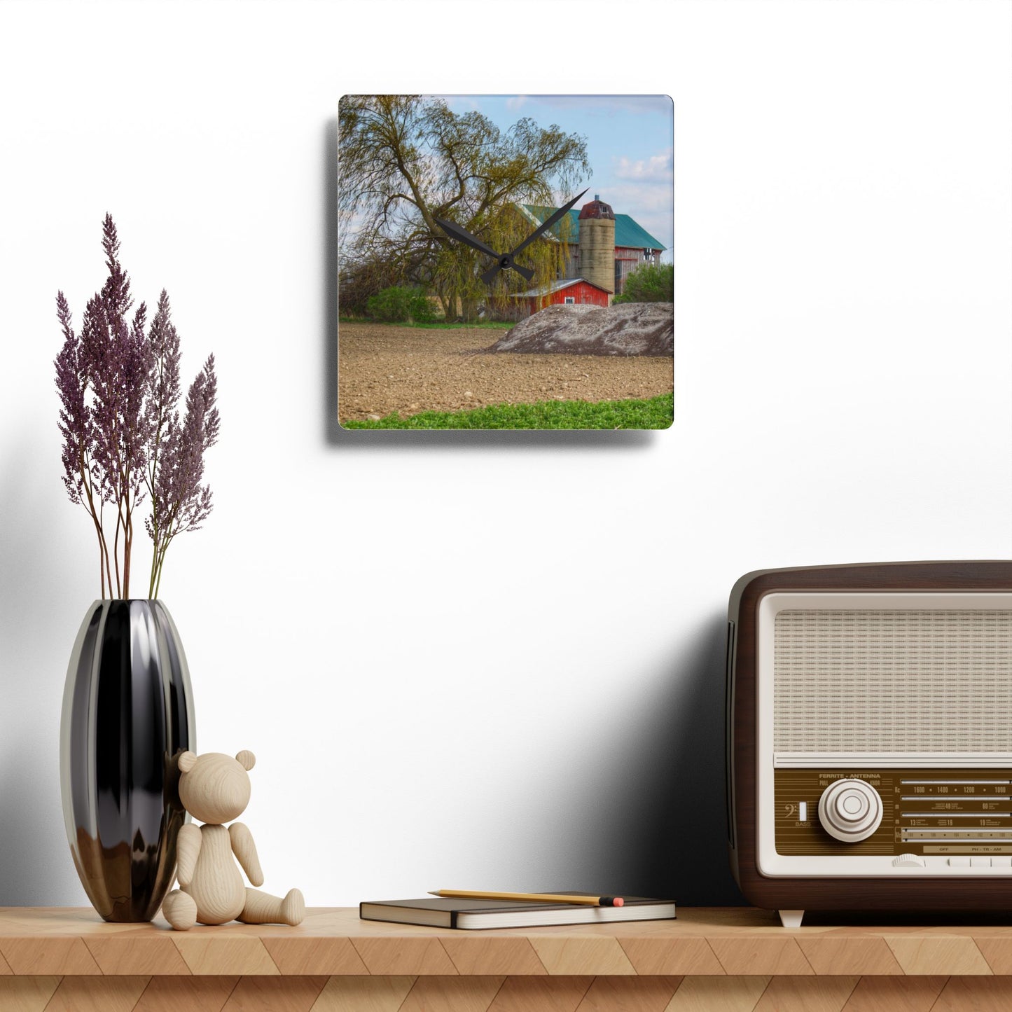 U R There Photography Cedar Creek Road Red Rustic Farmhouse Acrylic Analog Wall Clock