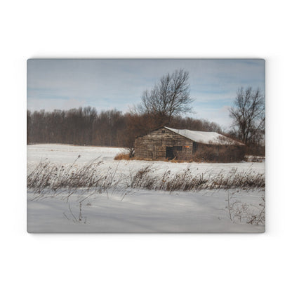 U R There Photography Frozen Grey Shack of Kingston Rustic Farmhouse Tempered-Glass Cutting Board
