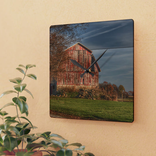 U R There Photography Marathon Road Red Cow Barn Rustic Farmhouse Acrylic Analog Wall Clock