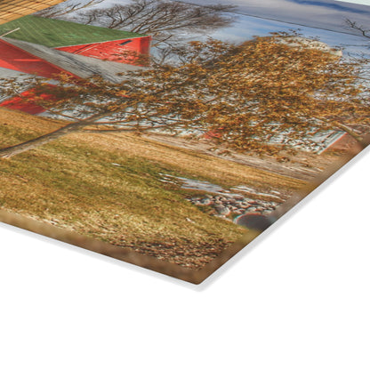 U R There Photography Newark Road Red and Silos II Rustic Farmhouse Tempered-Glass Cutting Board