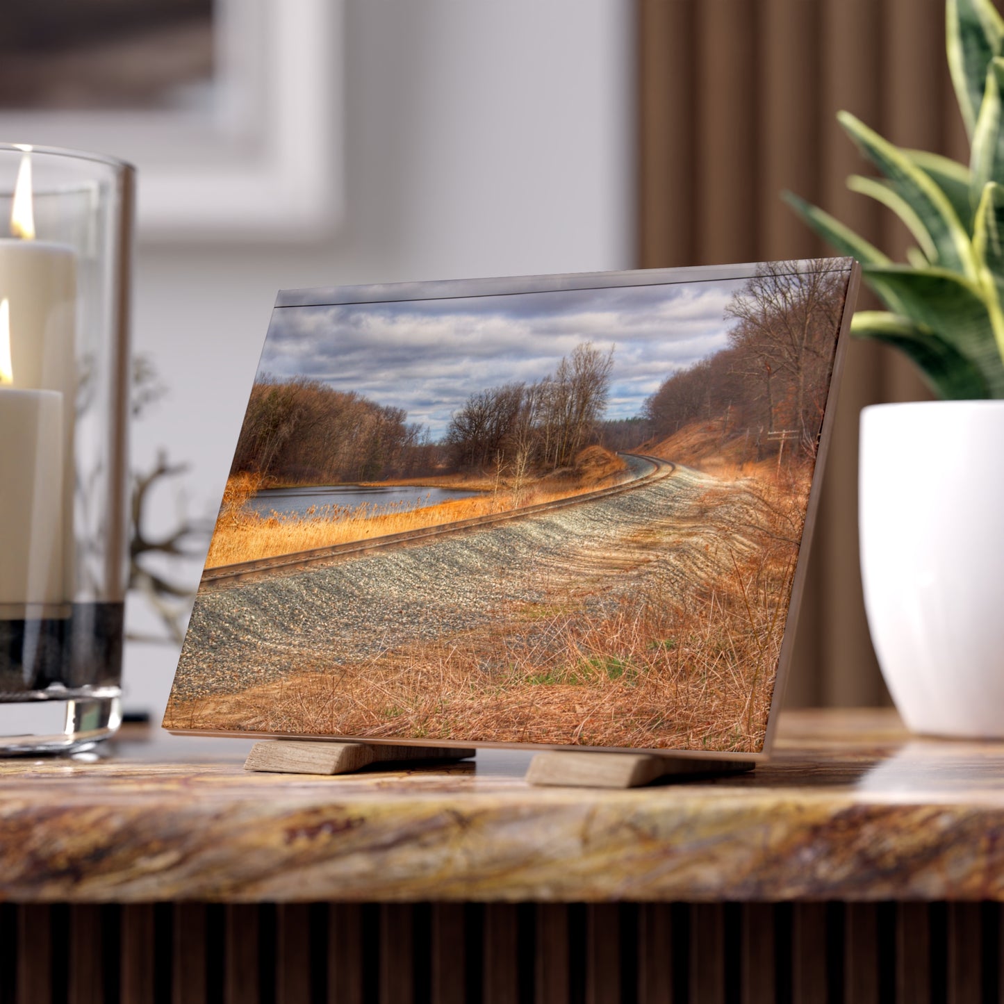 U R There Photography Aside the Tracks in Holly Rustic Farmhouse Decorative Ceramic Tile 6" × 8" Glossy