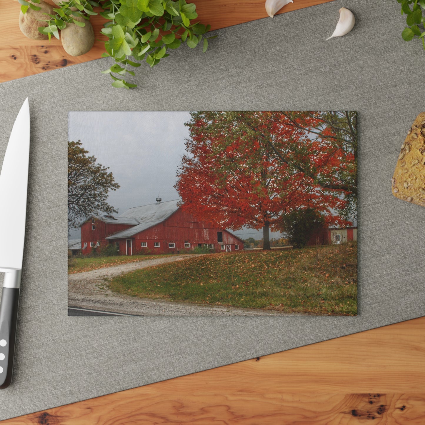 U R There Photography Goodrich Baldwin Road Reds II Rustic Farmhouse Tempered-Glass Cutting Board