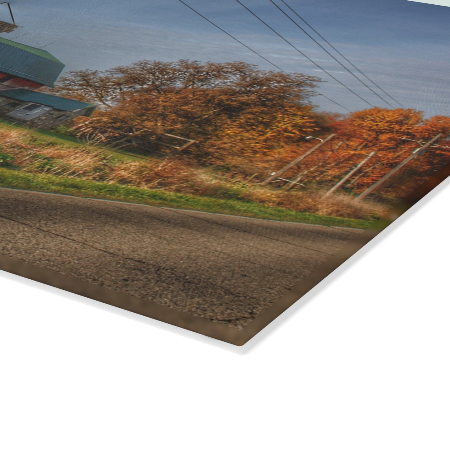 U R There Photography Plumb Creek Road Red in Fall I Rustic Farmhouse Tempered-Glass Cutting Board