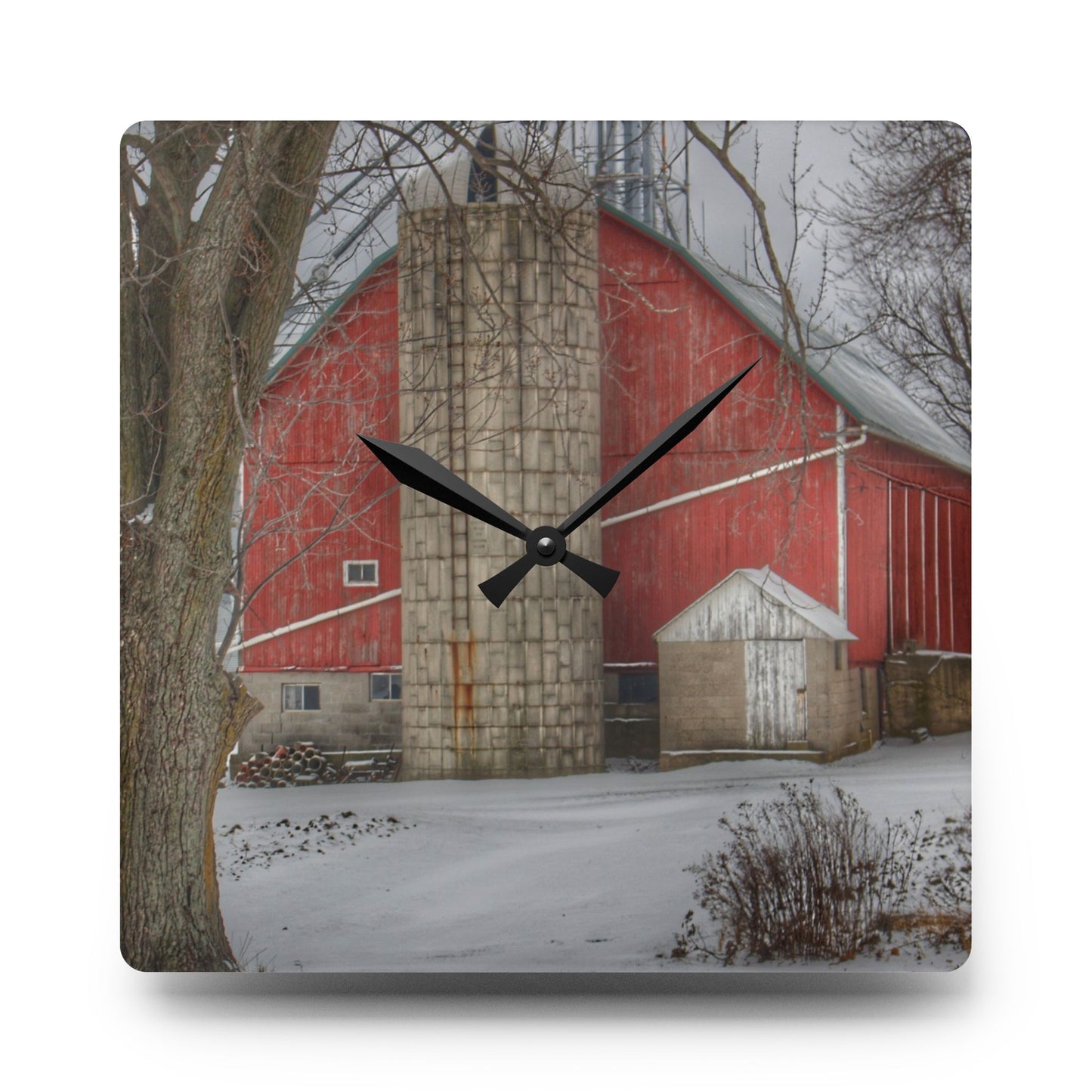 U R There Photography Frenchline Road Red in Winter Rustic Farmhouse Acrylic Analog Wall Clock