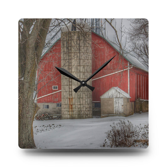 Frenchline Road Red in Winter Rustic Farmhouse Acrylic Analog Wall Clock 10.75'' × 10.75'' (Square)