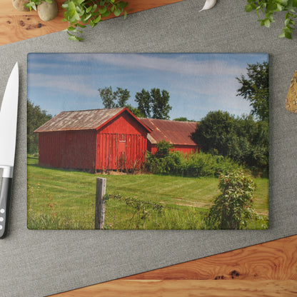 U R There Photography South Oak Road Reds II Rustic Farmhouse Tempered-Glass Cutting Board