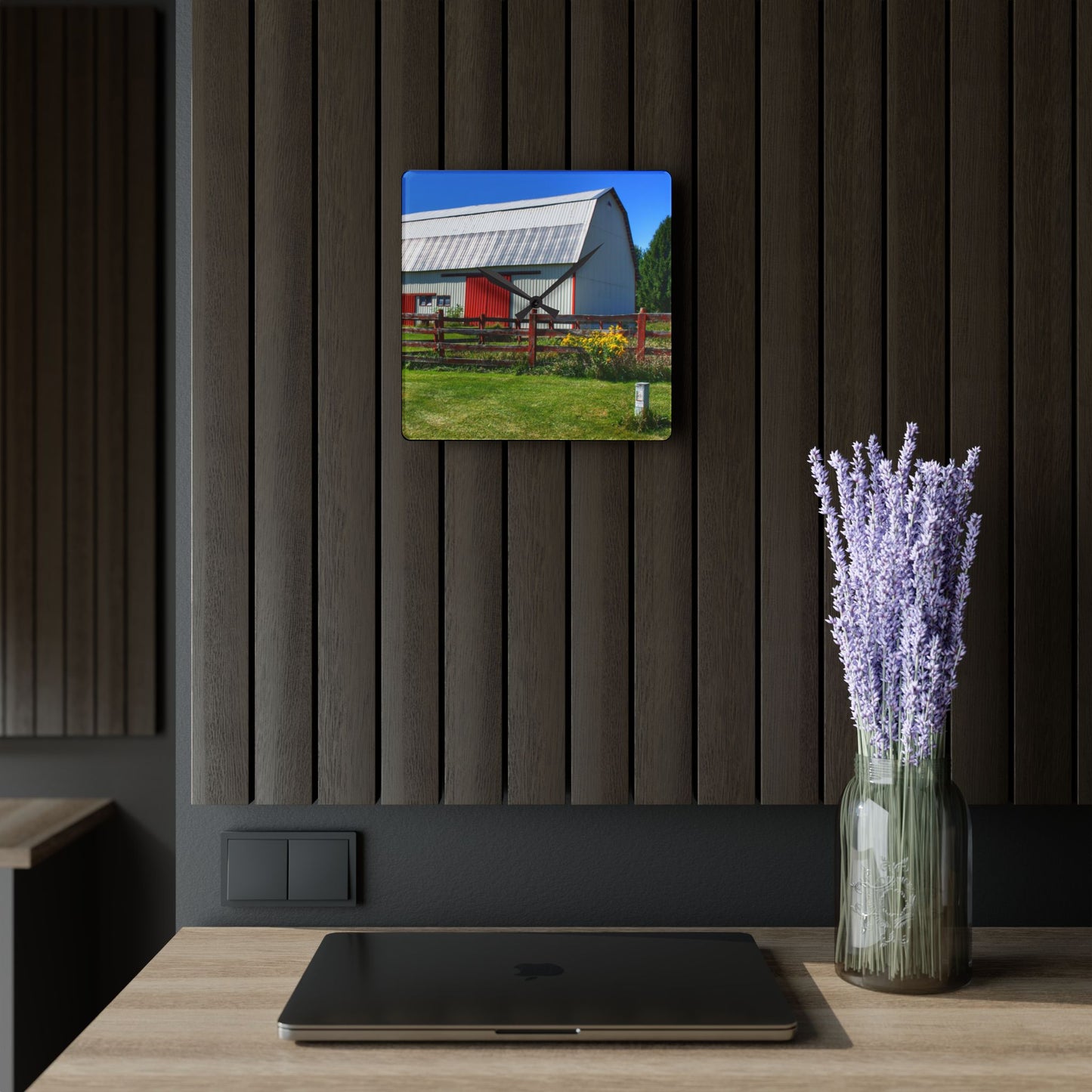 U R There Photography Bishop Road Beyond the Fence Rustic Farmhouse Acrylic Analog Wall Clock