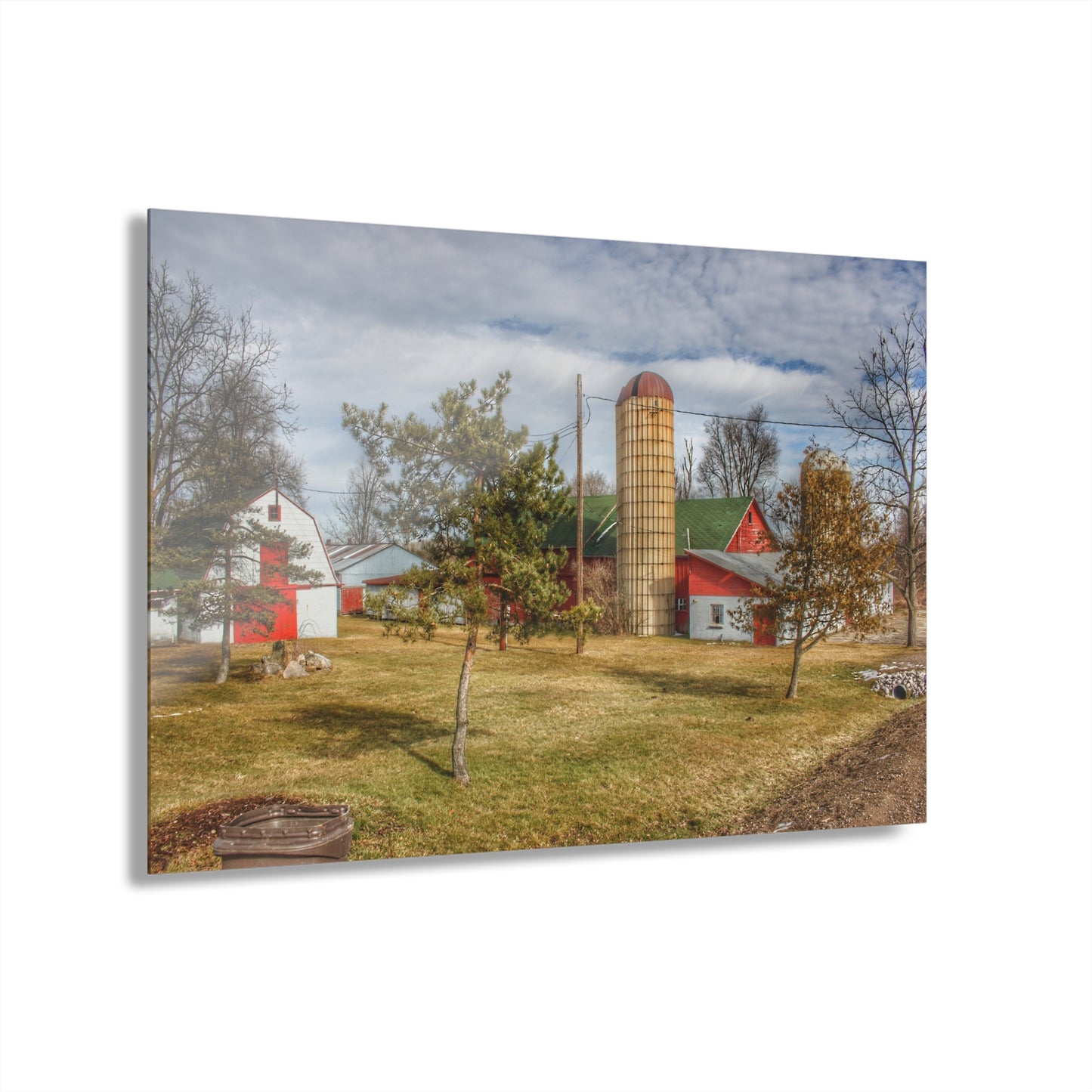 U R There Photography Newark Road Red and Silos I Rustic Farmhouse Acrylic Wall Print