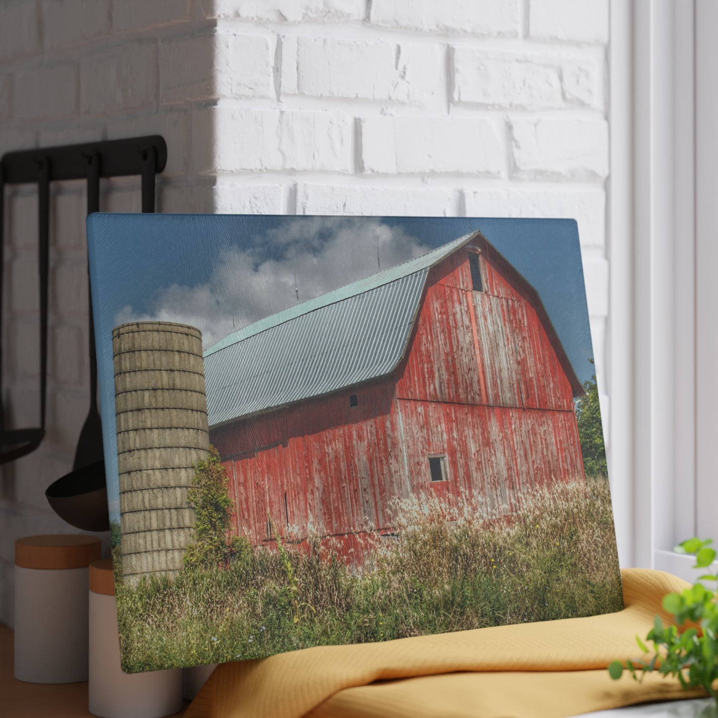 Barn Boutique Rustic Tempered-Glass Cutting Board| Columbiaville Red in Summer I