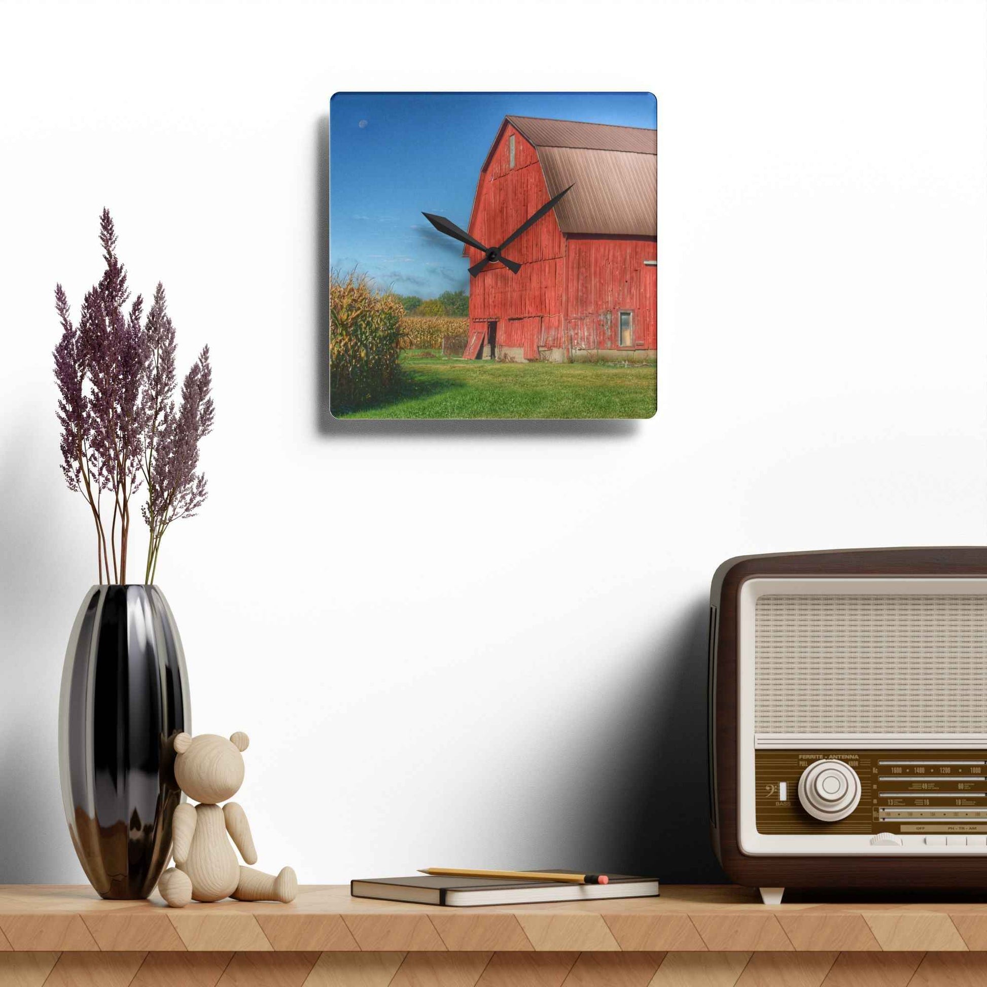 U R There Photography Fargo Road Red I Rustic Farmhouse Acrylic Analog Wall Clock