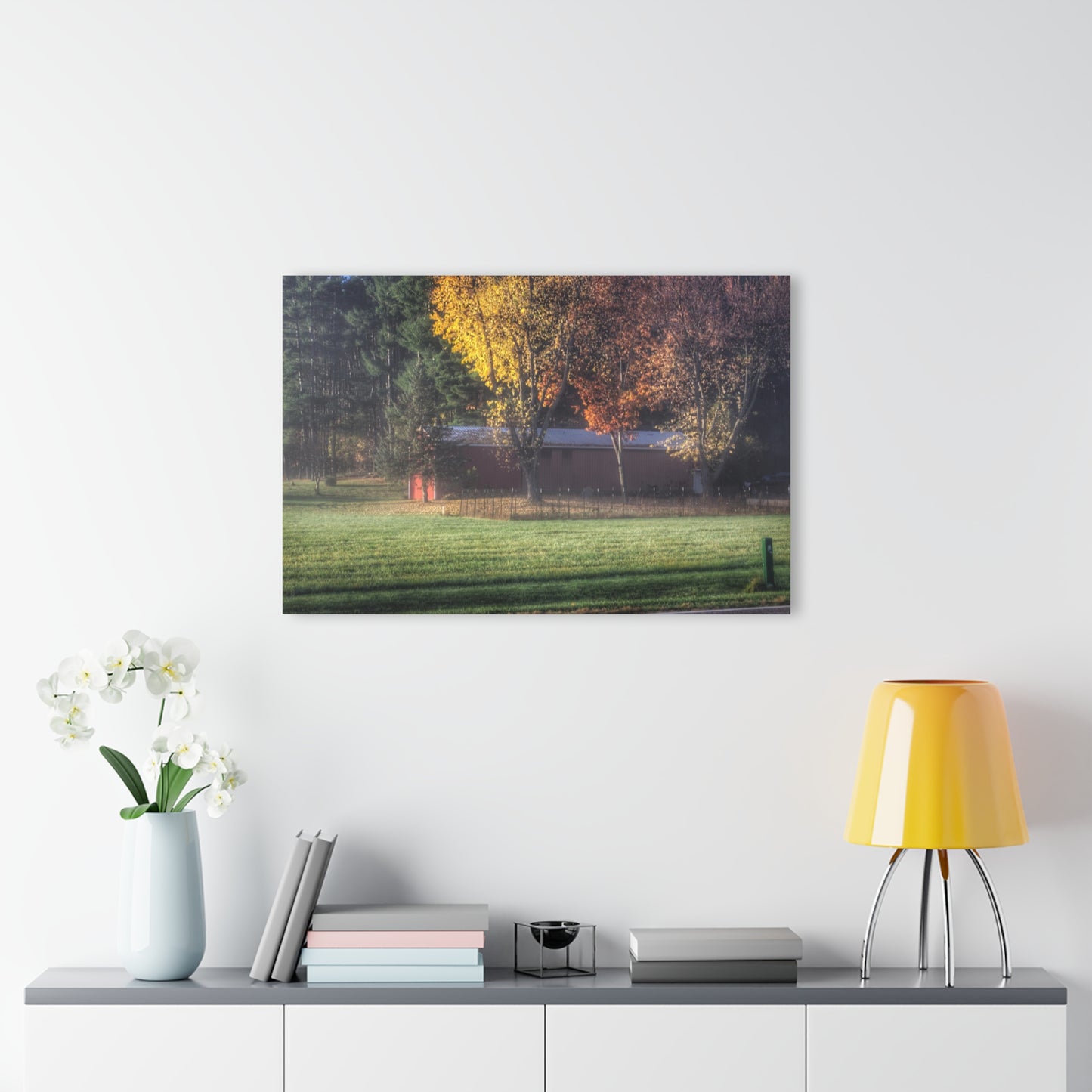 Barn Boutique Modern Farmhouse Acrylic Wall Print| Red Barn on a Foggy Fall Morning