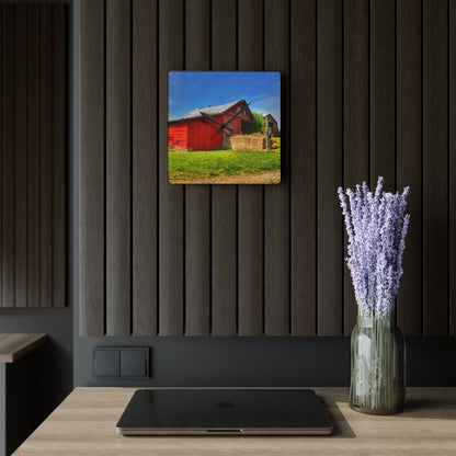 U R There Photography Marlette Road Saltbox Red Rustic Farmhouse Acrylic Analog Wall Clock
