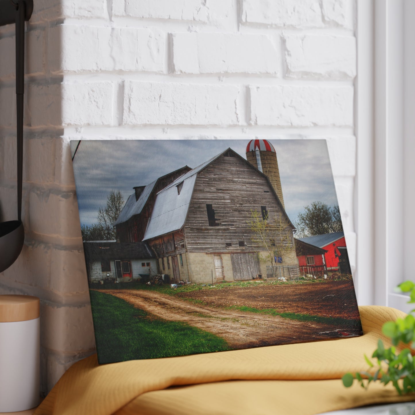 U R There Photography Murphy Lake Road Grey I Rustic Farmhouse Tempered-Glass Cutting Board