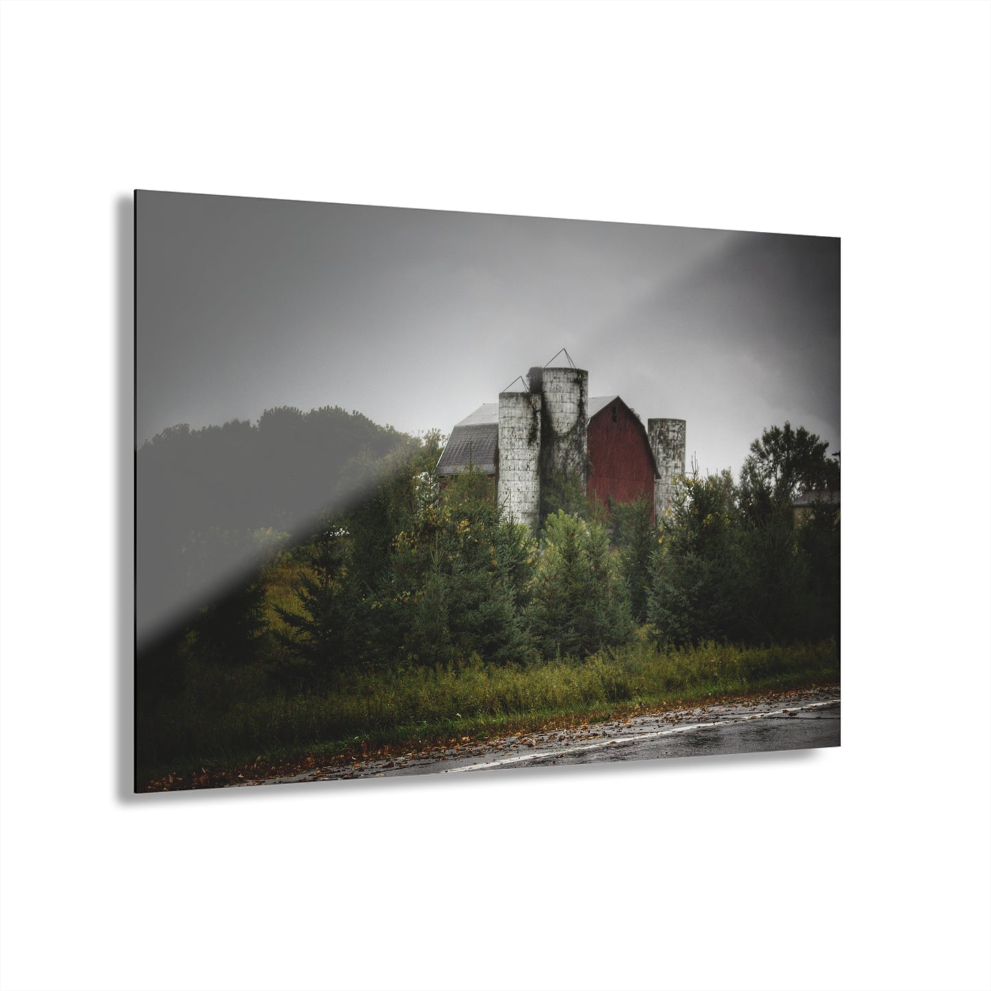 U R There Photography Castle Road Red and Silos in the Rain Rustic Farmhouse Acrylic Wall Print