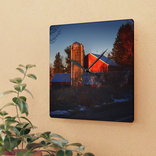 U R There Photography Mount Morris Road Reds and Silo in Winter Rustic Farmhouse Acrylic Analog Wall Clock