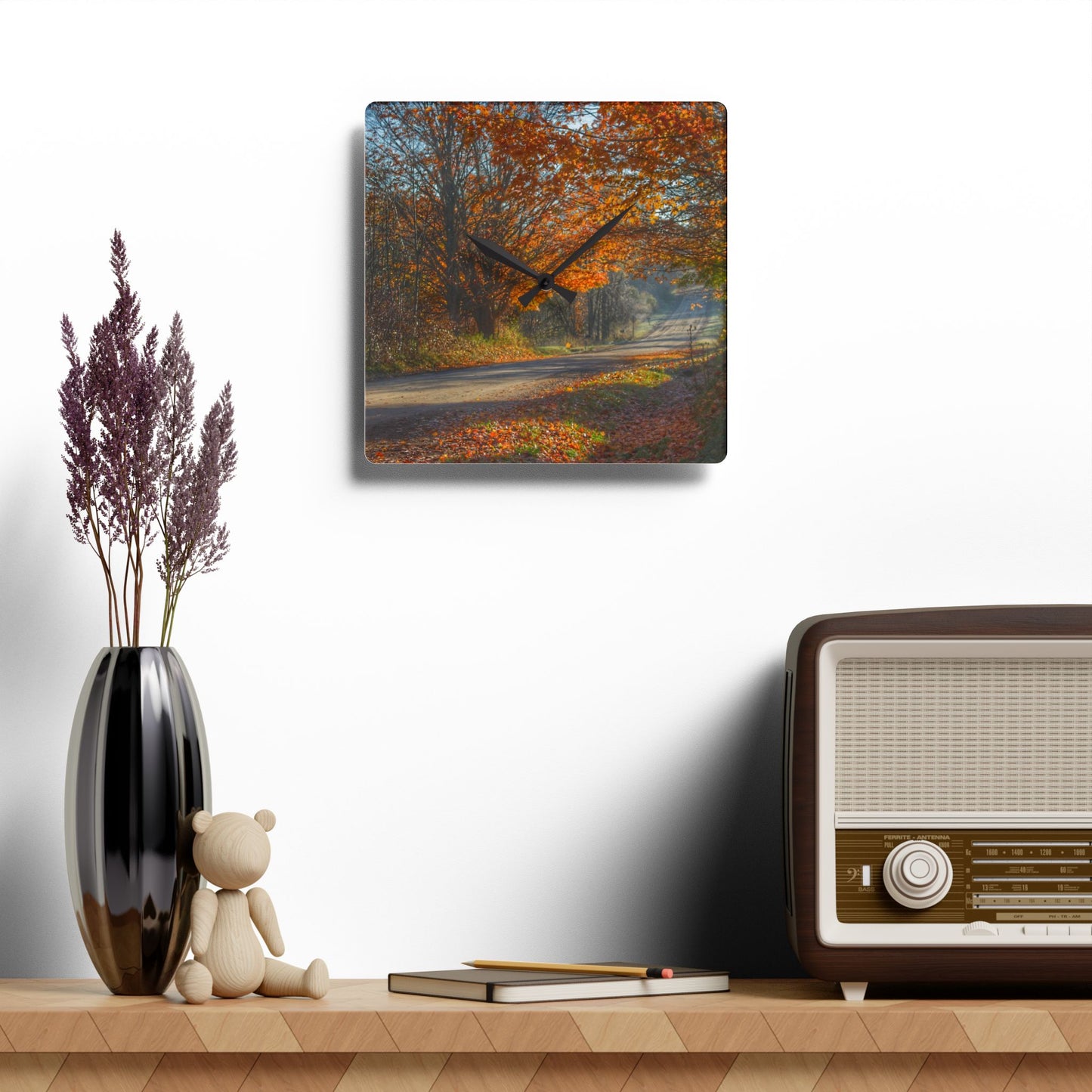 U R There Photography Fall on Oak Road Rustic Farmhouse Acrylic Analog Wall Clock
