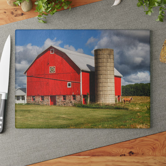 U R There Photography West Brown Road Red and Silo I Rustic Farmhouse Tempered-Glass Cutting Board
