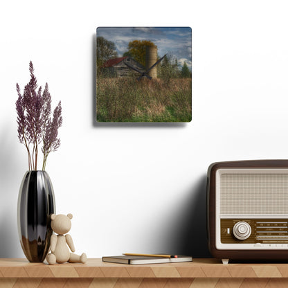 Rustic Farmhouse Wall Clock featuring Old Wooden Barn and Silo I