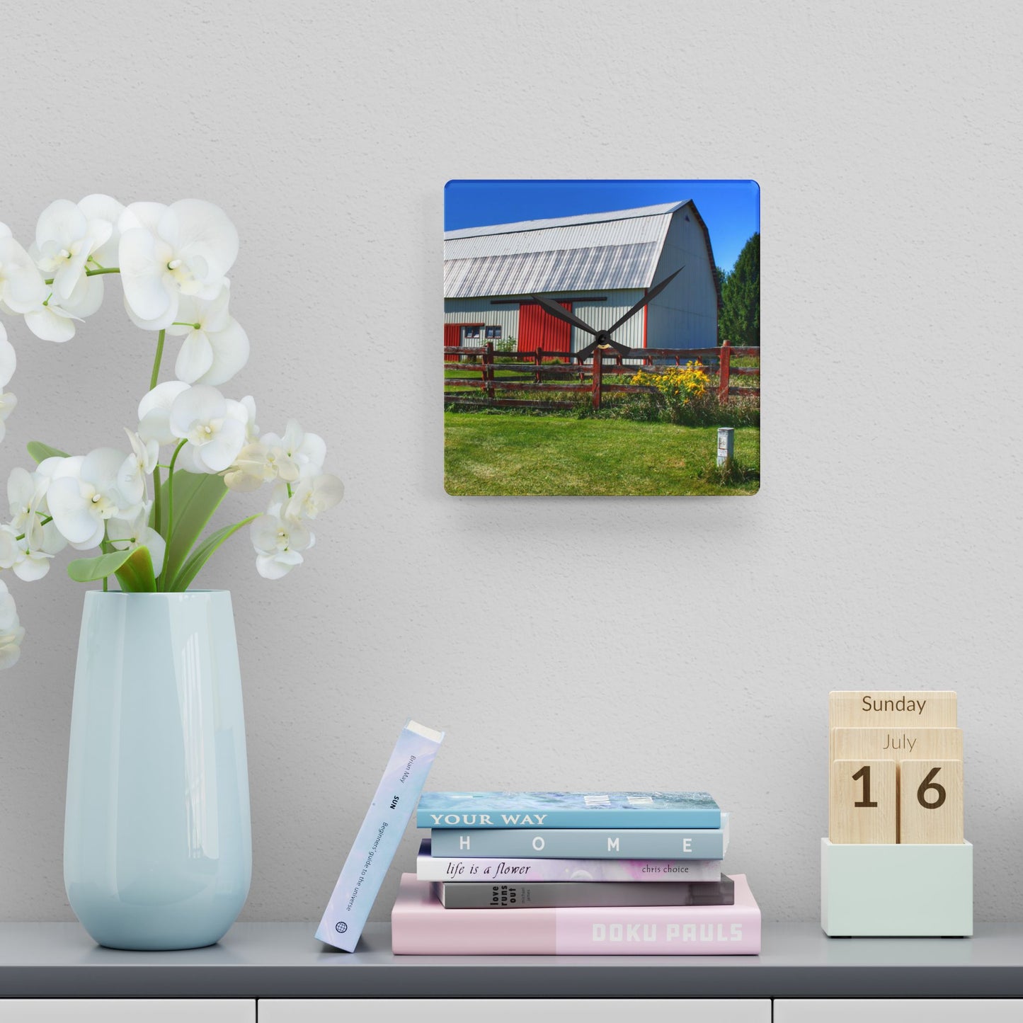 U R There Photography Bishop Road Beyond the Fence Rustic Farmhouse Acrylic Analog Wall Clock