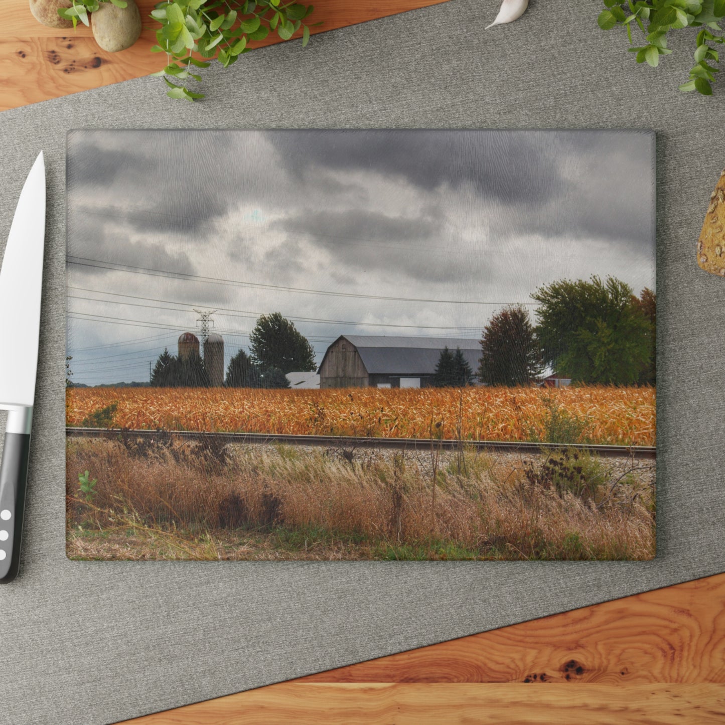 U R There Photography Reese Old Grey Beyond the Tracks Rustic Farmhouse Tempered-Glass Cutting Board