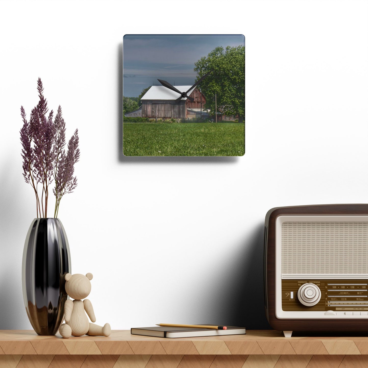 U R There Photography Castle Road Cow Barn III Rustic Farmhouse Acrylic Analog Wall Clock