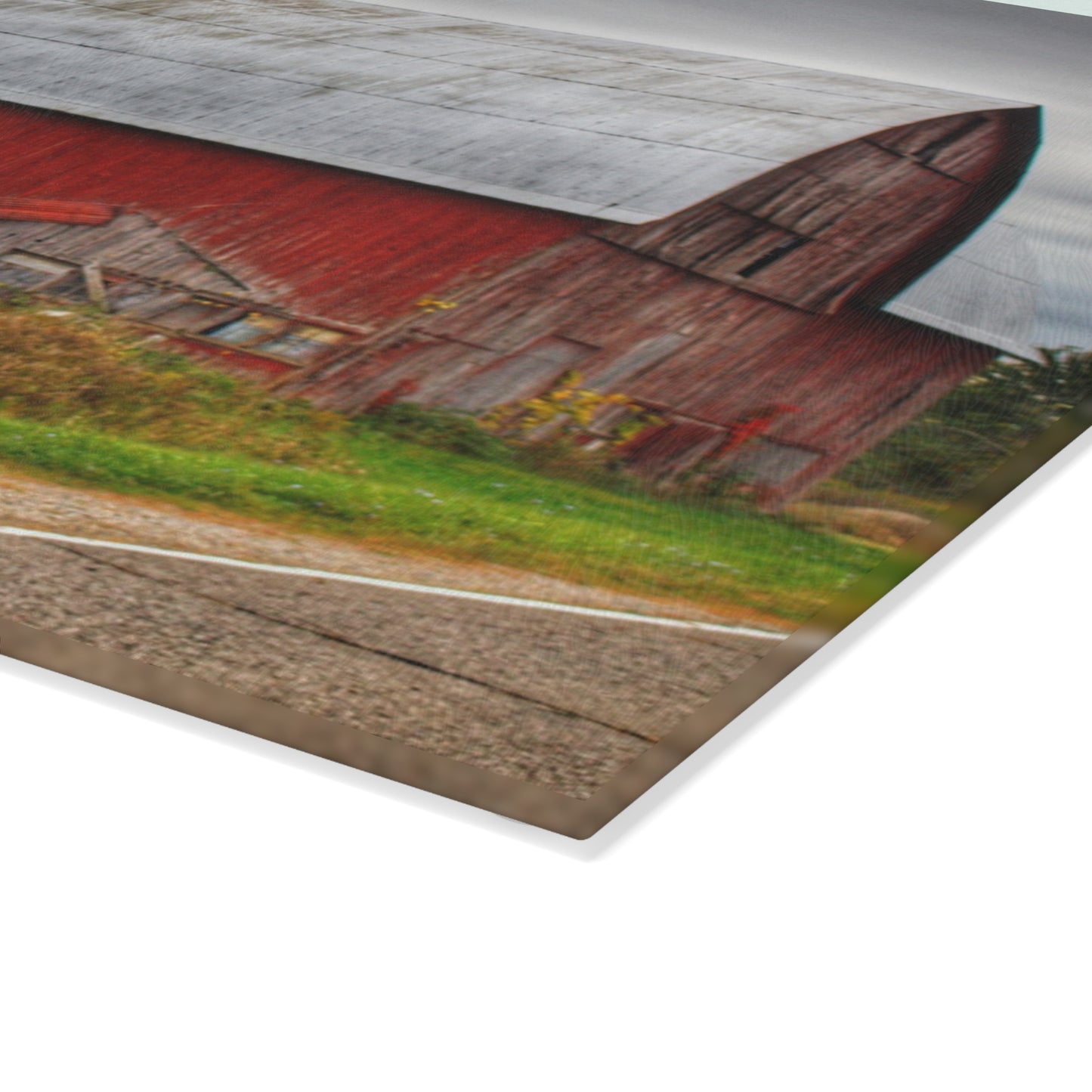 U R There Photography Valentine Road Red Saltbox Rustic Farmhouse Tempered-Glass Cutting Board