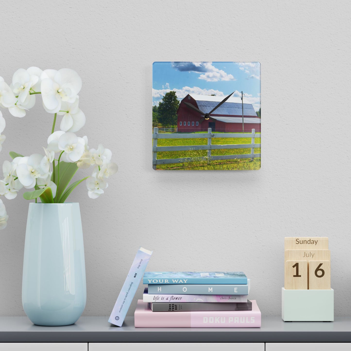 U R There Photography Burt Road Red Rustic Farmhouse Acrylic Analog Wall Clock