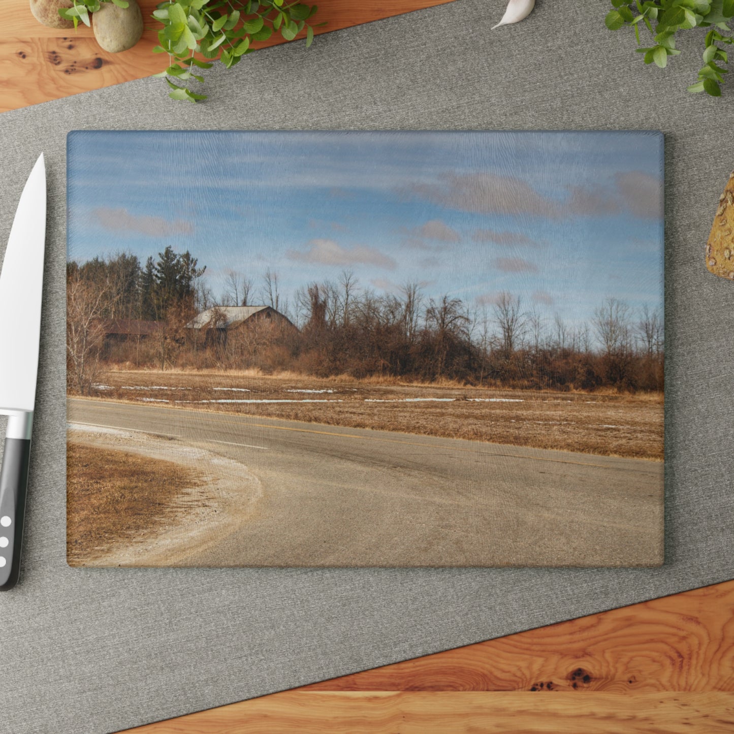 U R There Photography North Hunt Road Farm I Rustic Farmhouse Tempered-Glass Cutting Board