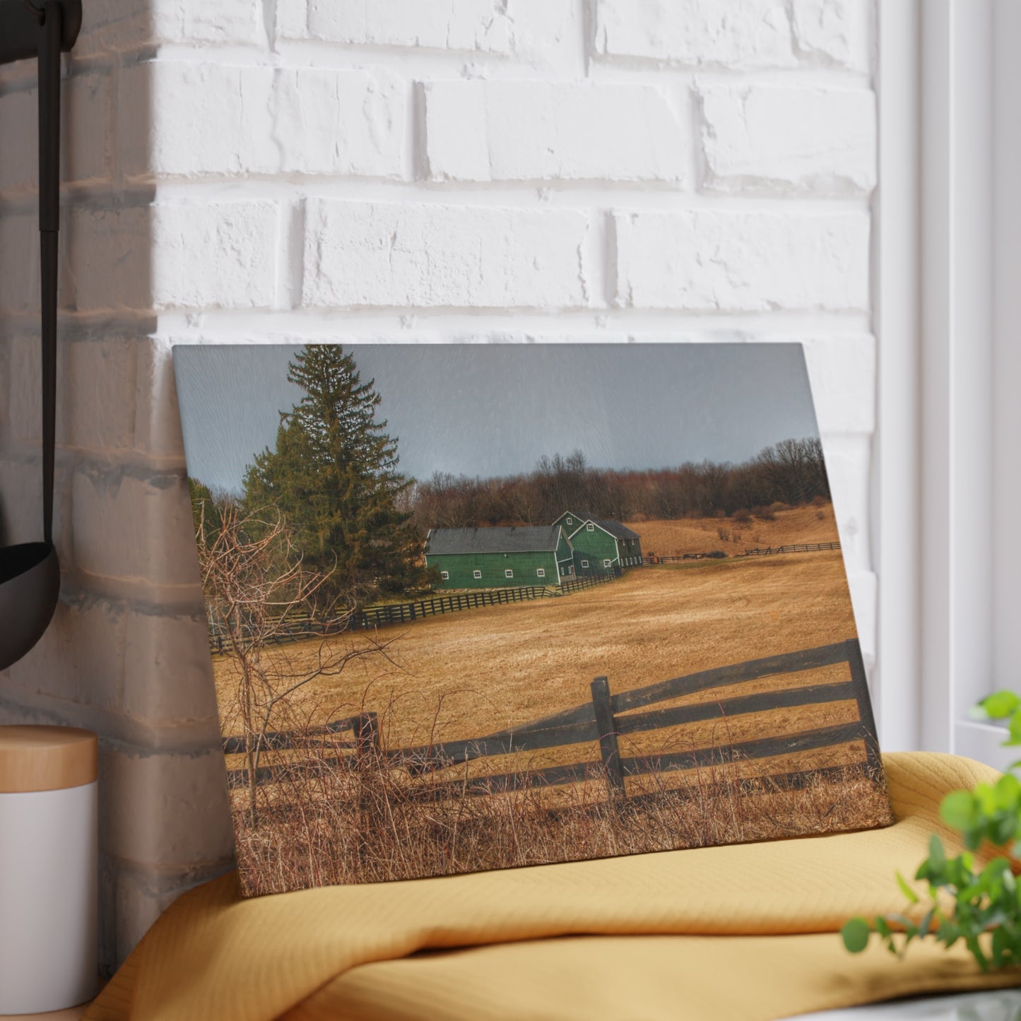 U R There Photography Green Barns and Broken Fences Rustic Farmhouse Tempered-Glass Cutting Board