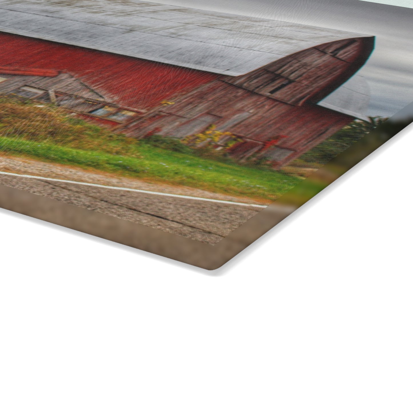 U R There Photography Valentine Road Red Saltbox Rustic Farmhouse Tempered-Glass Cutting Board