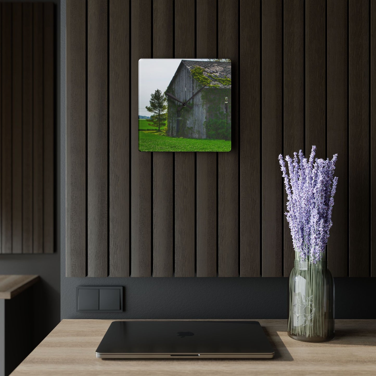 U R There Photography Caro Road Twin Grey I Rustic Farmhouse Acrylic Analog Wall Clock