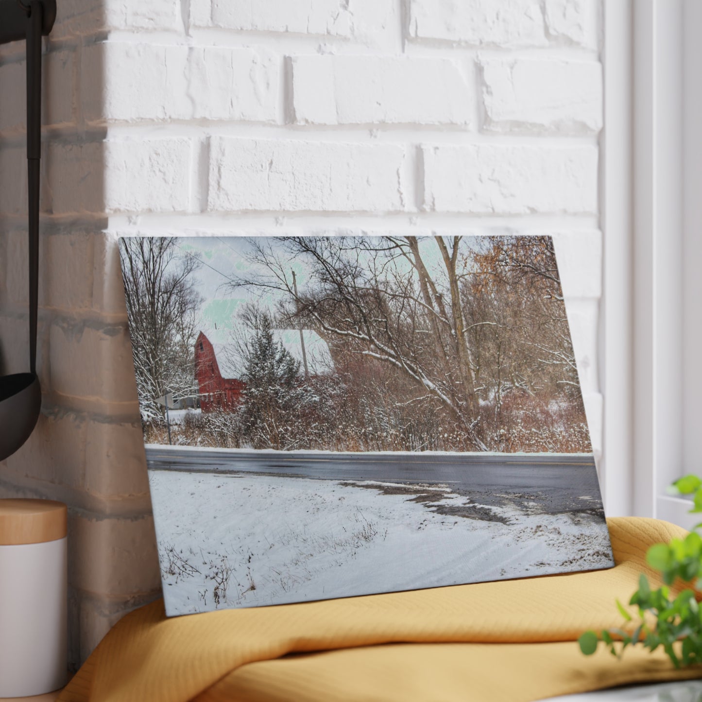 U R There Photography Dodge Road Winter Red Rustic Farmhouse Tempered-Glass Cutting Board