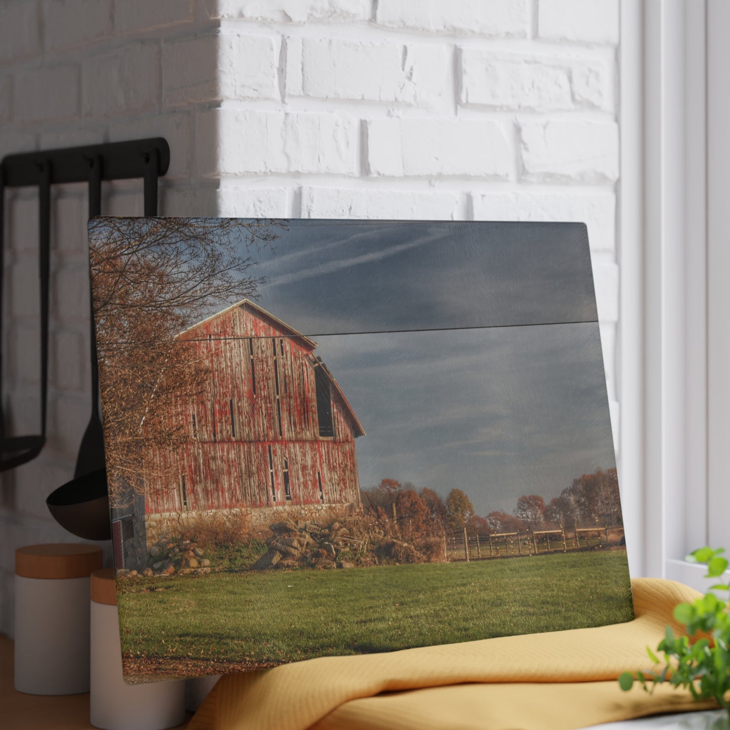 U R There Photography Marathon Road Red Cow Barn Rustic Farmhouse Tempered-Glass Cutting Board